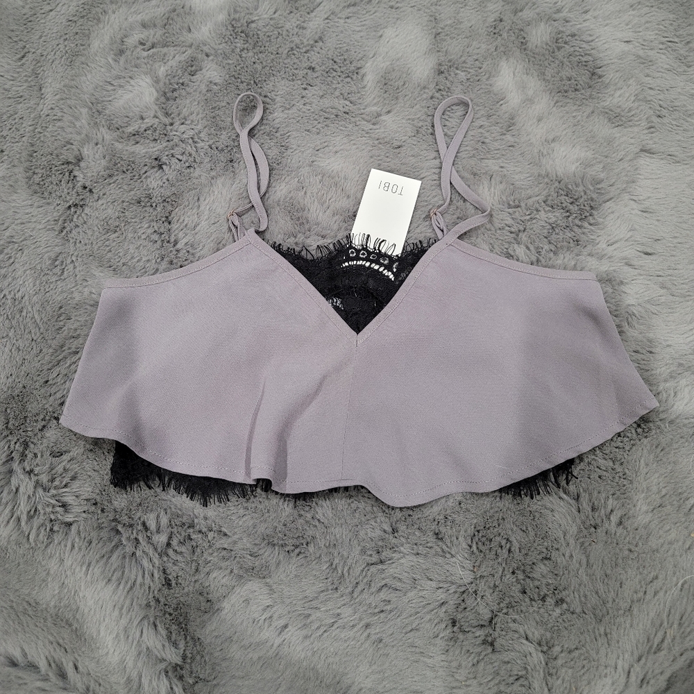 Tobi black eyelash lace silver lavender gray chiffon flowy crop top small